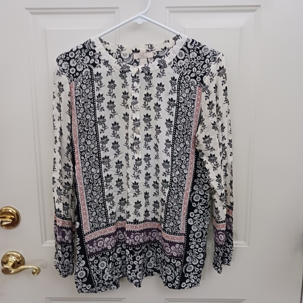 LOFT Outlet Mixed Floral Print Henley Blouse Black Purple Pink Small 415656